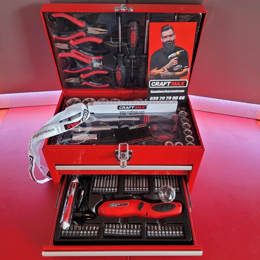 CRAFTMAX-160-tlg.-Metall-Werkzeugbox-Schubfaecher-Werkzeug-Akkuschrauber-4