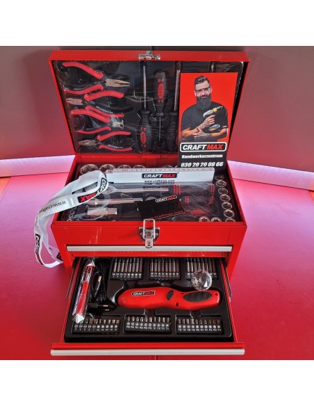 CRAFTMAX-160-tlg.-Metall-Werkzeugbox-Schubfaecher-Werkzeug-Akkuschrauber-4