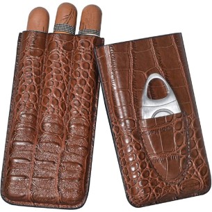 Krokodil-Leder-Etui-fuer-3-Zigarren-braun