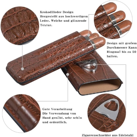Krokodil-Leder-Etui-fuer-3-Zigarren-mit-Extras