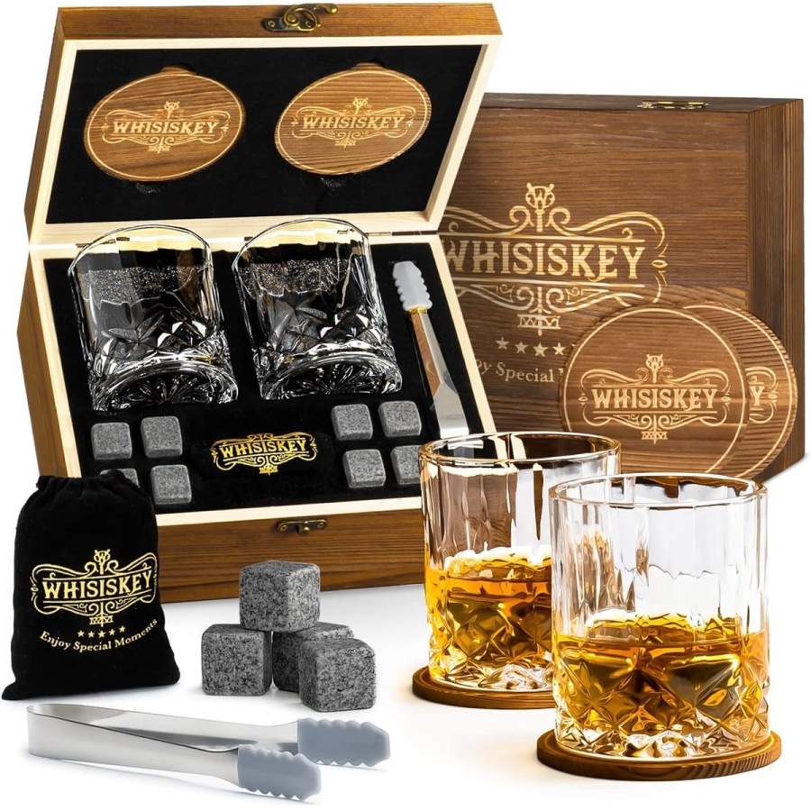 Kristall-Whiskyglaeser-mit-Untersetzer-Eiswuerfel-Eiszange-aus-Edelstahl-Geschenkset-Holzkiste-1