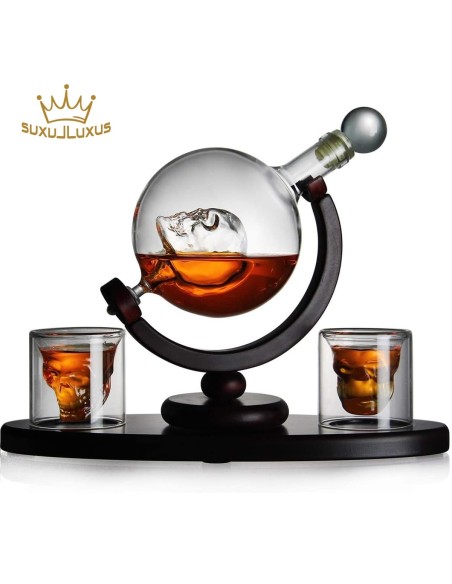 Totenkopf-Whisky-Glaeser-Glaskugel-Karaffe-Holztablett-Geschenkset-1