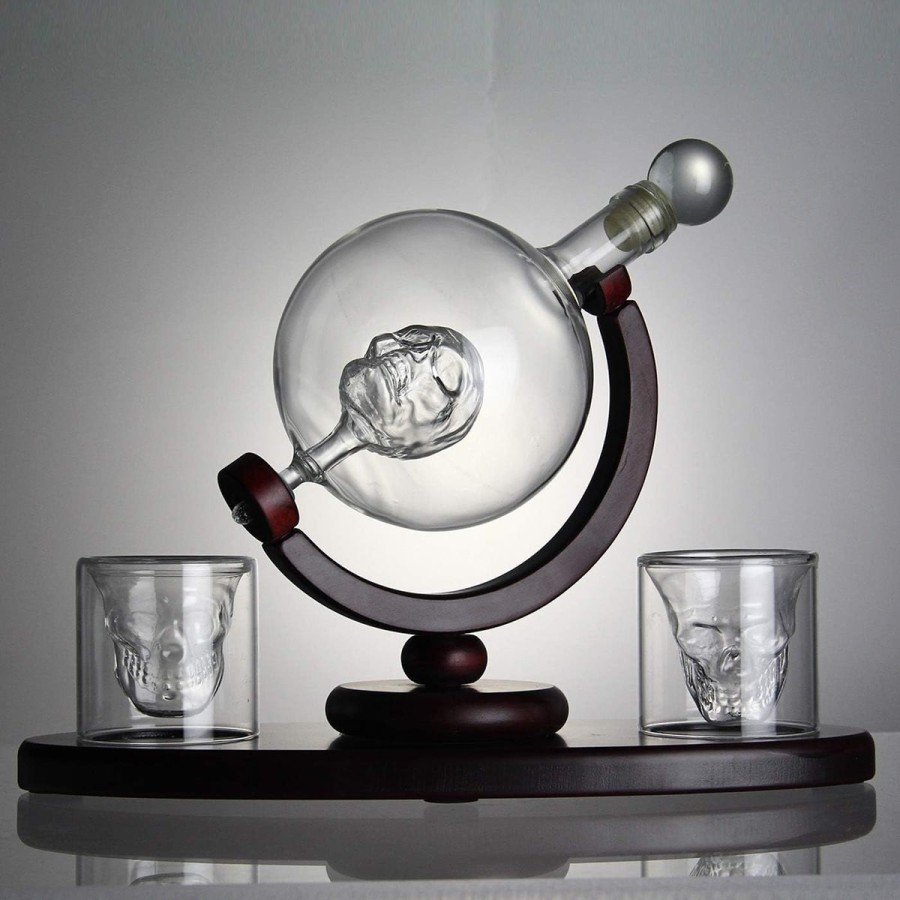 Totenkopf-Whisky-Glaeser-Glaskugel-Karaffe-Holztablett-Geschenkset-7