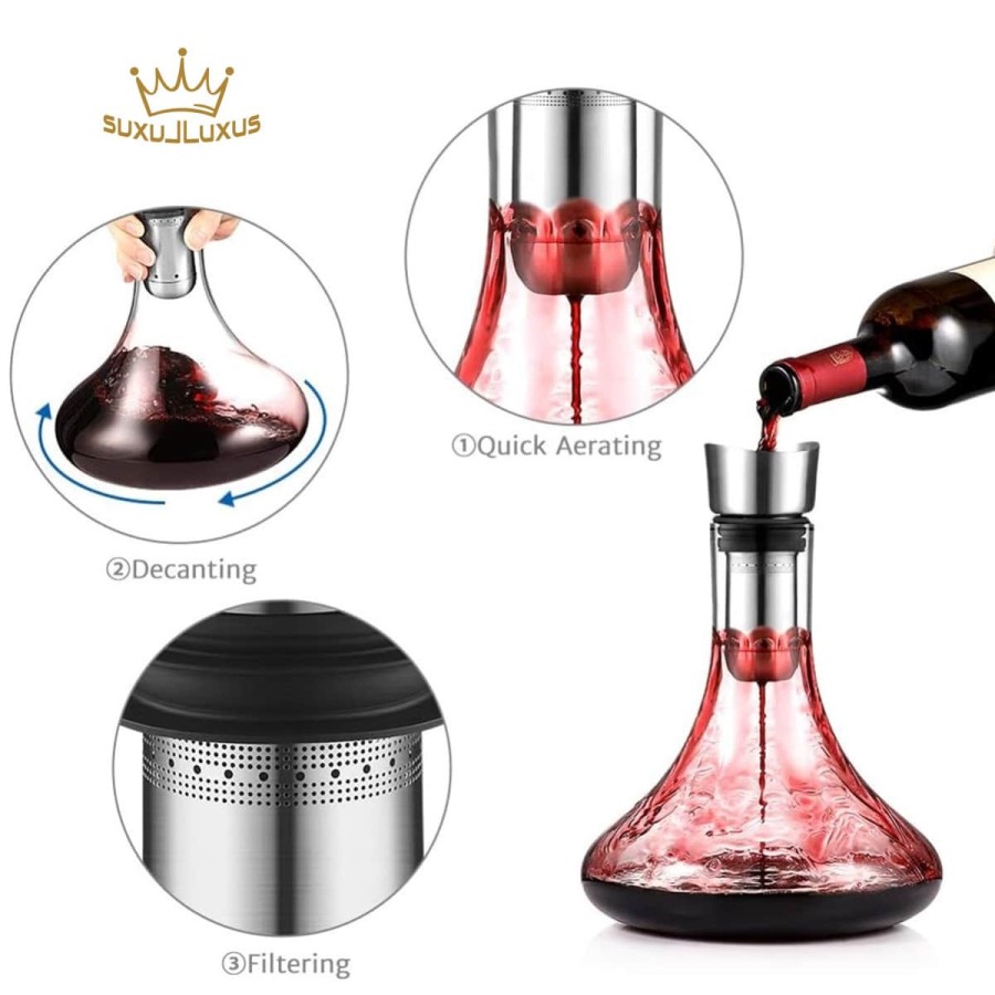 Wein-Dekanter-Kristallglas-Dekantierer-mit-Aerator-Beluefter-Filter-tropffreies-Eingiessen-6