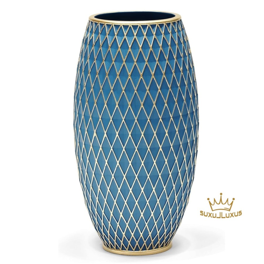 BlueGold-Blumenvase-Diamantmuster-handgefertigt-handbemalt-1