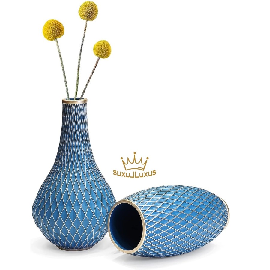 BlueGold-Blumenvase-Diamantmuster-handgefertigt-handbemalt-2