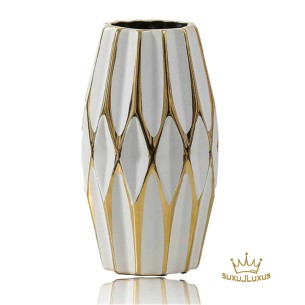 Fujairah-Blumenvase-weiss-glasiertes-Diamantmuster-handvergoldet-1