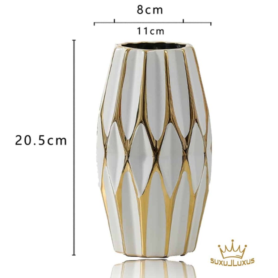 Fujairah-Blumenvase-weiss-glasiertes-Diamantmuster-handvergoldet-2