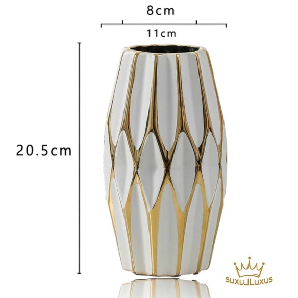 Fujairah-Blumenvase-weiss-glasiertes-Diamantmuster-handvergoldet-2