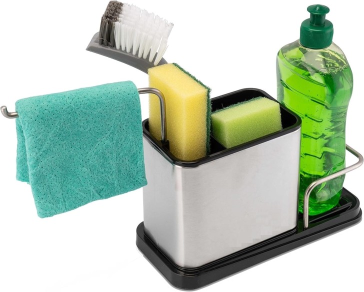 Spuelbecken-Edelstahl-Box-mit-Schwammhalter-u.-ausklappbarem-Wischlappentrockner-1