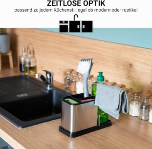 Spuelbecken-Edelstahl-Box-mit-Schwammhalter-u.-ausklappbarem-Wischlappentrockner-1 2