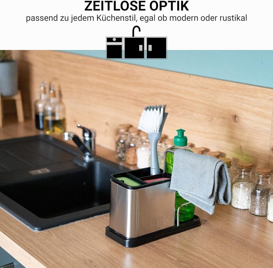 Spuelbecken-Edelstahl-Box-mit-Schwammhalter-u.-ausklappbarem-Wischlappentrockner-2