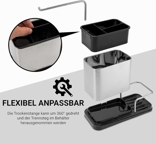 Spuelbecken-Edelstahl-Box-mit-Schwammhalter-u.-ausklappbarem-Wischlappentrockner-6