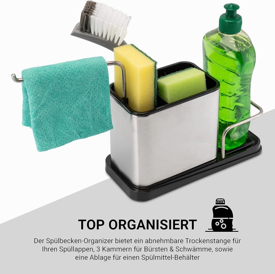 Spuelbecken-Edelstahl-Box-mit-Schwammhalter-u.-ausklappbarem-Wischlappentrockner-7