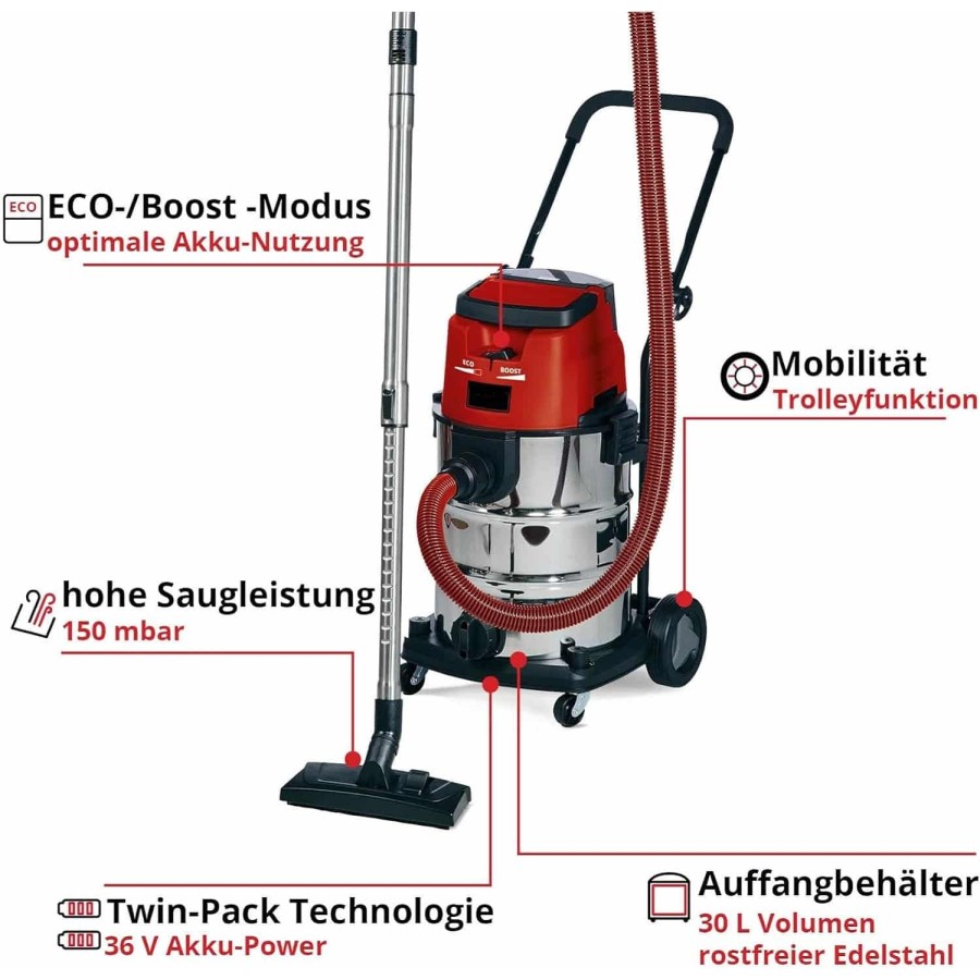 Akku-Nass-Trockensauger-TE-VC-3630-Li-S-Solo-Power-X-Change-Lithium-Ionen-ECOBOOST-Mode-Edelstahlbehaelter-30-l-4
