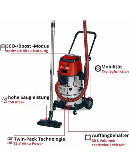 Akku-Nass-Trockensauger-TE-VC-3630-Li-S-Solo-Power-X-Change-Lithium-Ionen-ECOBOOST-Mode-Edelstahlbehaelter-30-l-4