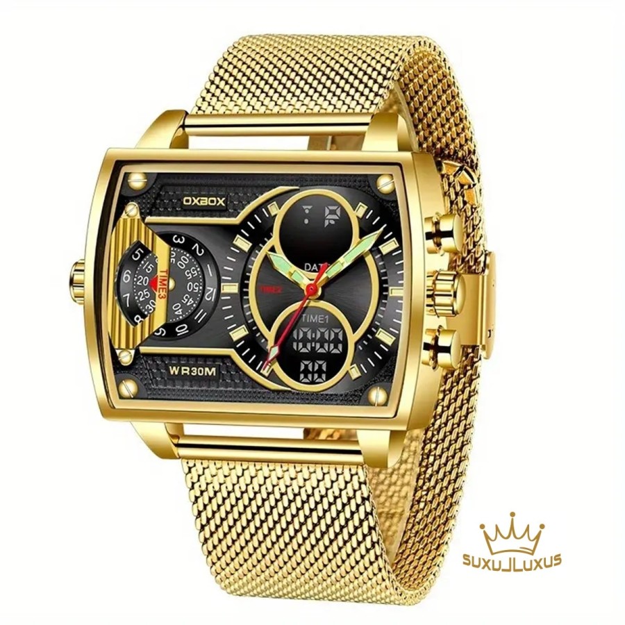 Herren-Luxus-Gold-Multifunktions-Chronograph-quadratische-Doppelanzeige-Stoppuhr-Datum-Kalender-fluoreszierendes-Ziffernblatt-30