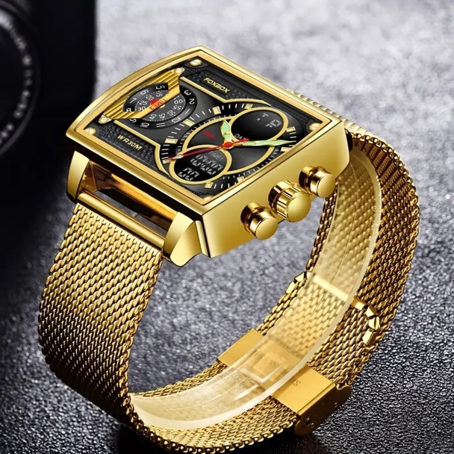 Herren-Luxus-Gold-Multifunktions-Chronograph-quadratische-Doppelanzeige-Stoppuhr-Datum-Kalender-fluoreszierendes-Ziffernblatt-30