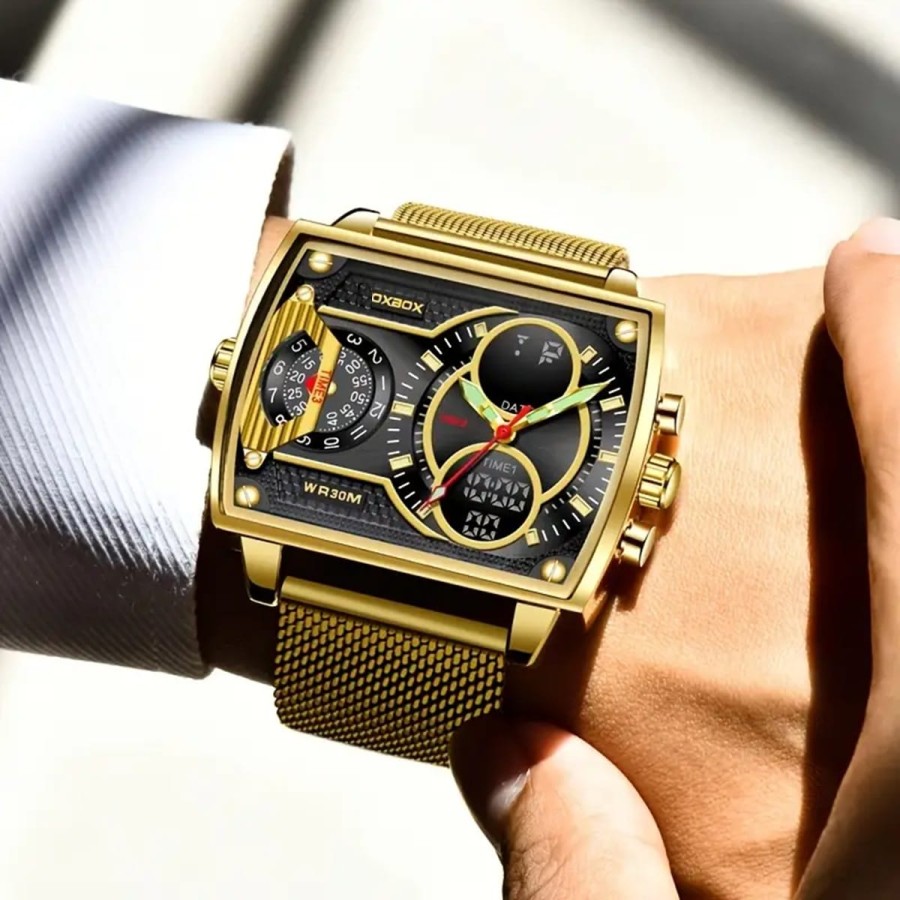 Herren-Luxus-Gold-Multifunktions-Chronograph-quadratische-Doppelanzeige-Stoppuhr-Datum-Kalender-fluoreszierendes-Ziffernblatt-30
