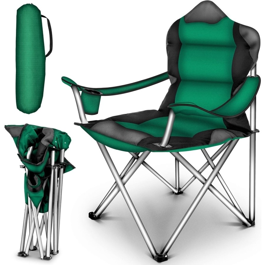 Luxus-Campingstuhl-mit-Armlehnen-und-Getraenkehalter-faltbar-150kg-Angelstuhl-Faltstuhl-Klappstuhl-gruen