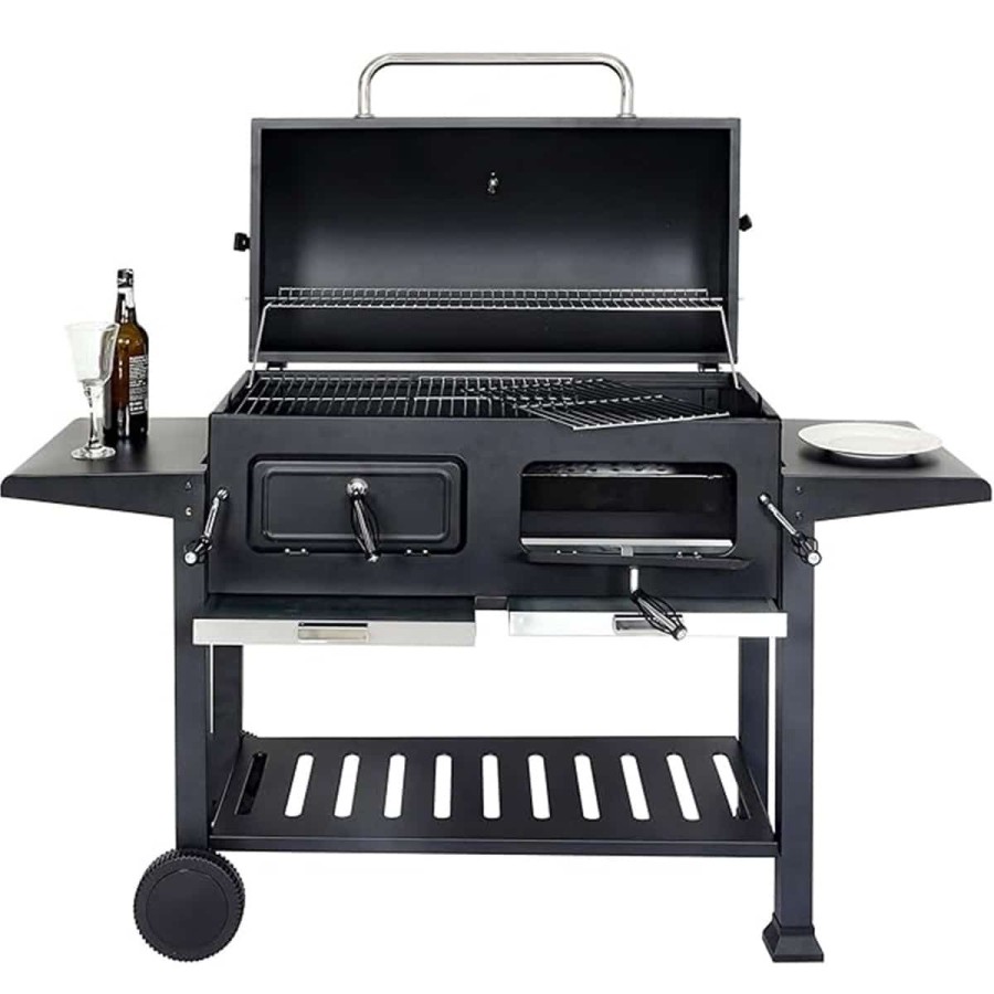 Mr.-Burns-Smoker-BBQ-Holzkohlegrill-Gartengrill-Deckel-Ablagen-Grillflaeche-80x42cm-2
