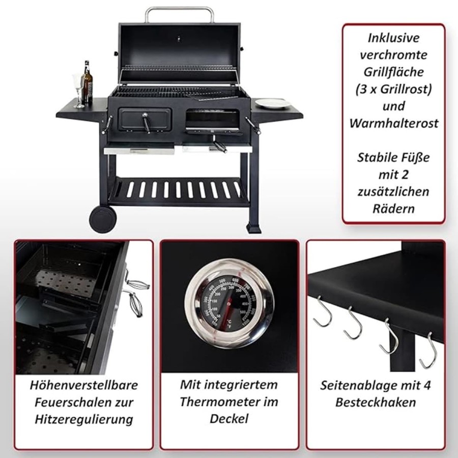 Mr.-Burns-Smoker-BBQ-Holzkohlegrill-Gartengrill-Deckel-Ablagen-Grillflaeche-80x42cm-4