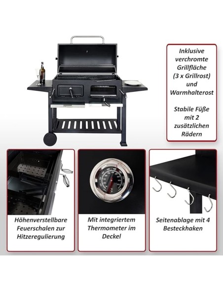 Mr.-Burns-Smoker-BBQ-Holzkohlegrill-Gartengrill-Deckel-Ablagen-Grillflaeche-80x42cm-4