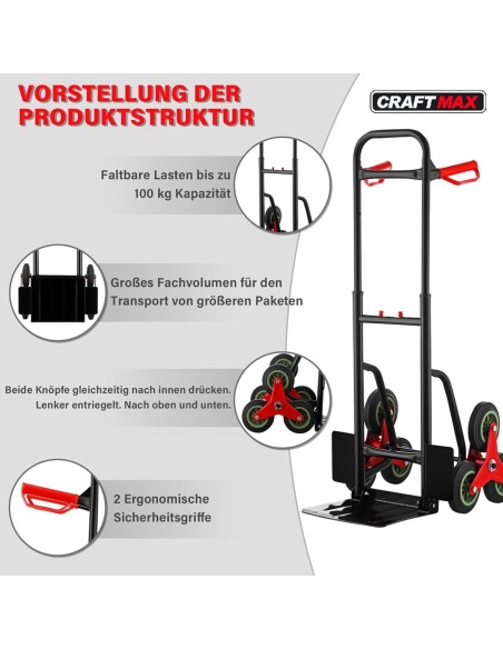 Sackkarre-mit-Treppensteiger-3er-Raeder-klappbar-verstellbare-Hoehe-80-112cm150kg-Belastbarkeit-2