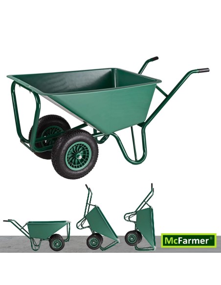 McFARMER-Doppelrad-Schubkarre-130L-PU-Wanne-gruen