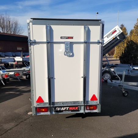 CRAFTMAX-P-BOX-Plywood-Kofferanhaenger-gebremst-1300kg-Rampe-Abstellstuetzen-255×132x154cm-1