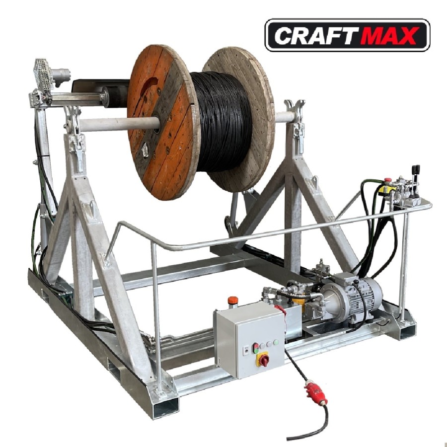 CRAFTMAX-Kabeltrommelbock-mit-400-Volt-Trommeldrehantrieb-Scheibenbremse