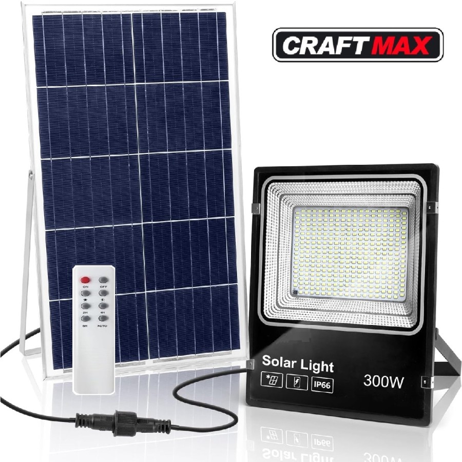 CRAFTMAX-300W-Solar-Flutlichtstrahler-superhell-fuer-Aussen-mit-grossem-Solarpanel-25000-mAH-Batteriekapazitaet-Kaltweiss-6500K-