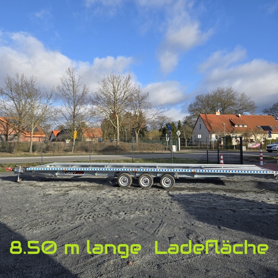 CRAFTMAX-3500-XXL-Fahrzeugtransporter-8.50x2.18m-mit-250cm-ALU-Auffahrschienen-Ersatzrad-V-Deichsel-gebremst