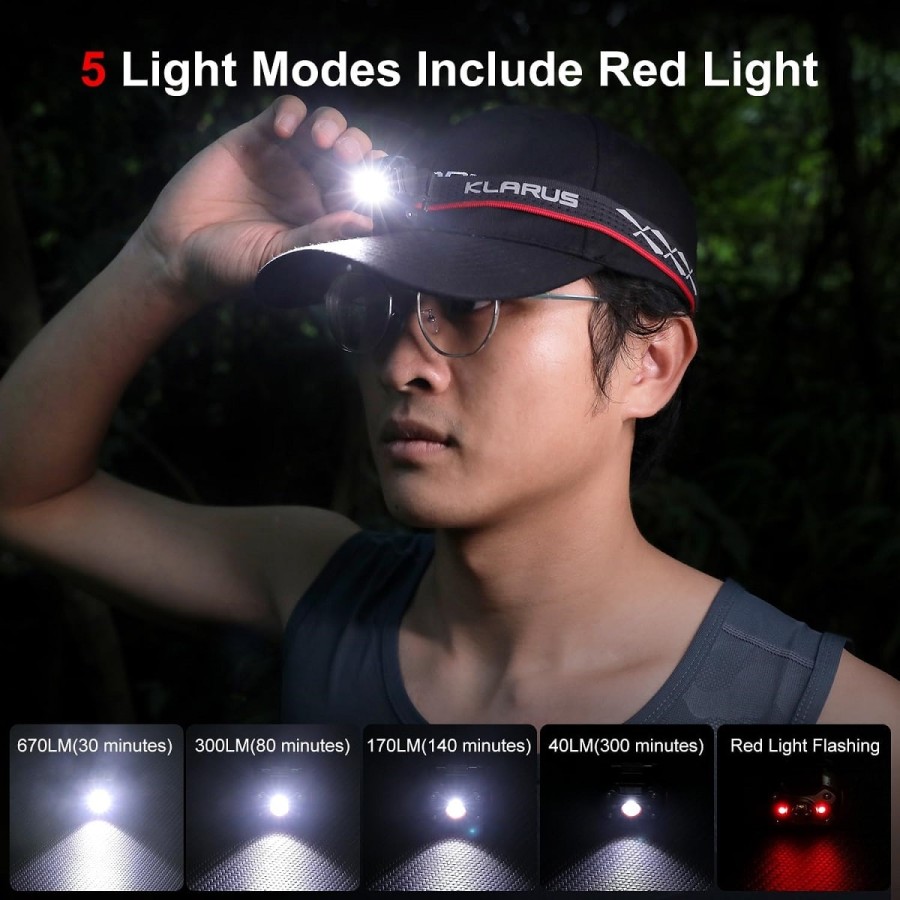 KLARUS-Stirnlampe-LED-670-Lumen-Hauptlicht-rotes-Warnlicht-180°-verstellbare-Schulterlampe-Klemmlampe-wiederaufladbar-273g-leich
