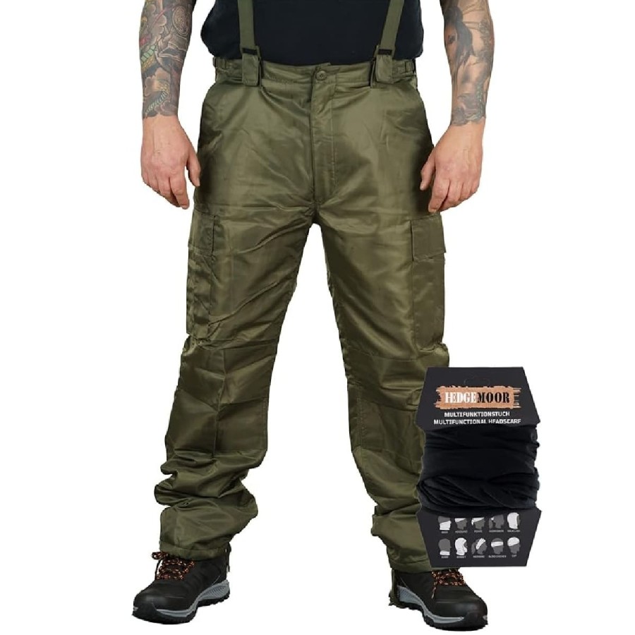 Herren-Regenhose-Thermohose-Schneehose-Outdoor-Hose-mit-Hosentraeger-gefuettert-inkl.-Tuch-olive