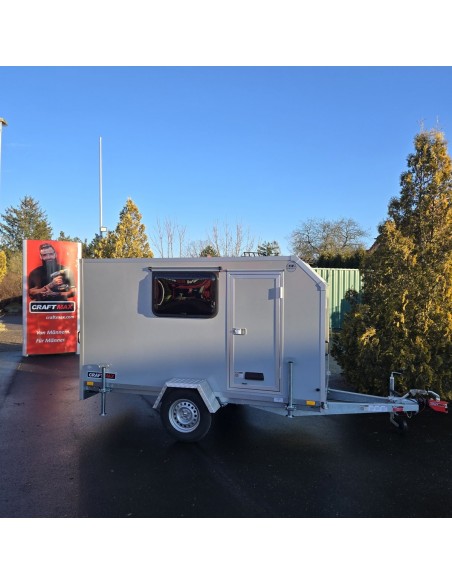 CRAFTMAX-Campinganhaenger-750kg-gebremst-Anhaenger-3.00x1.50x1.80m-mit-Klappe-nach-oben-2-Fenster-Tuer-100kmh-3