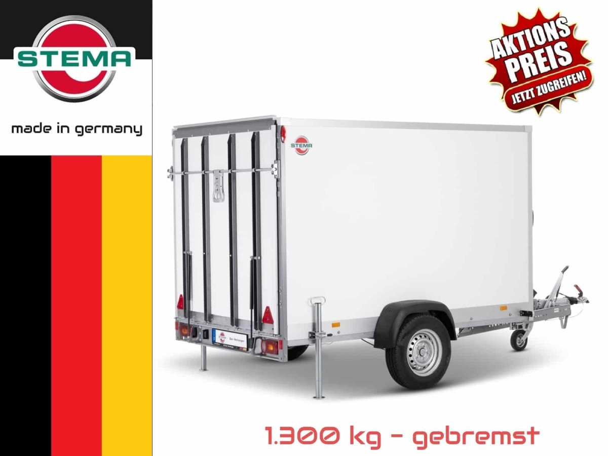 STEMA-Titelfoto-Einachs-Kofferanhaenger-mit-Rampe-1300kg-gebremst-H-184m