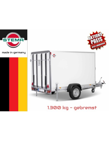 STEMA-Titelfoto-Einachs-Kofferanhaenger-mit-Rampe-1300kg-gebremst-H-184m