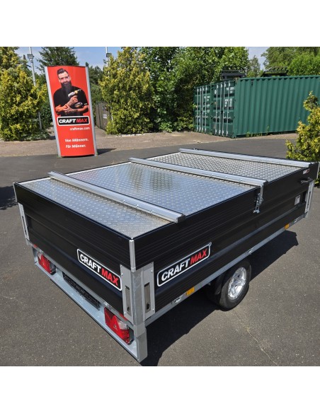 CLASSIC®-1350-blackEdition-ALU-Pritsche-Hochlader-2.30×1.50×0.45m-belastbarer-ALU-Deckel-mit-Fahrradtraeger-ALU-Felgen-100-kmh-1