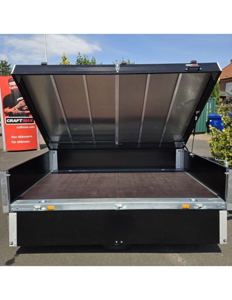CLASSIC®-1350-blackEdition-ALU-Pritsche-Hochlader-2.30×1.50×0.45m-belastbarer-ALU-Deckel-mit-Fahrradtraeger-ALU-Felgen-100-kmh-1