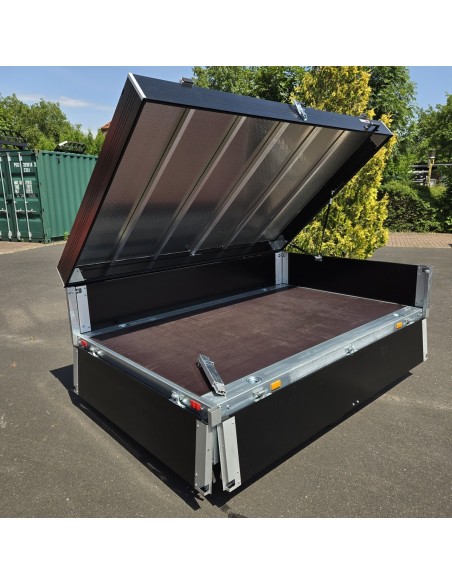 CLASSIC®-1350-blackEdition-ALU-Pritsche-Hochlader-2.30×1.50×0.45m-belastbarer-ALU-Deckel-mit-Fahrradtraeger-ALU-Felgen-100-kmh-1