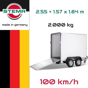 STEMA-Kofferanhaenger-P-Box-Tandem-2000-Plywood-Rampe-255×157x184cm