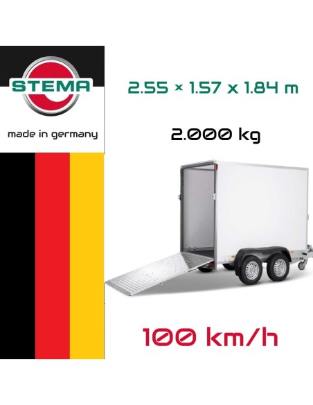 STEMA-Kofferanhaenger-P-Box-Tandem-2000-Plywood-Rampe-255×157x184cm