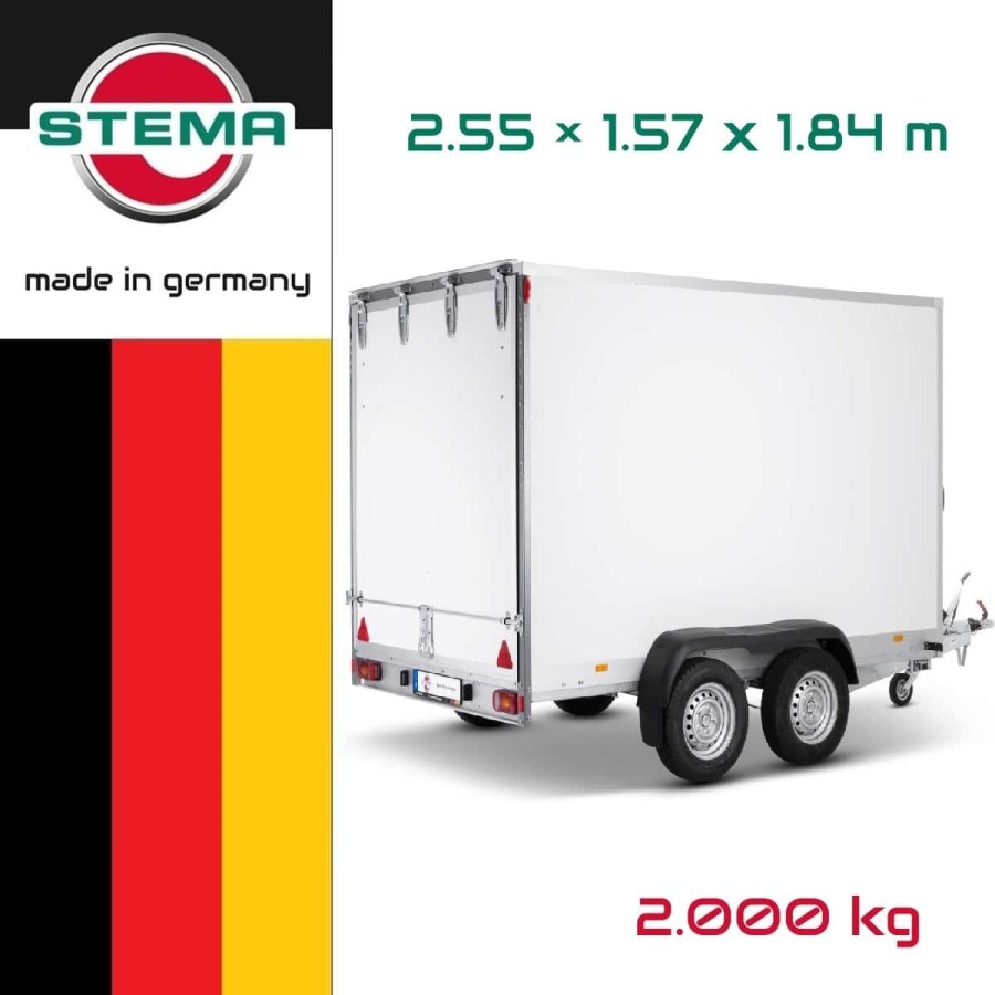 STEMA-Kofferanhaenger-P-Box-Tandem-2000-Plywood-Heckklappe-255×157x184cm