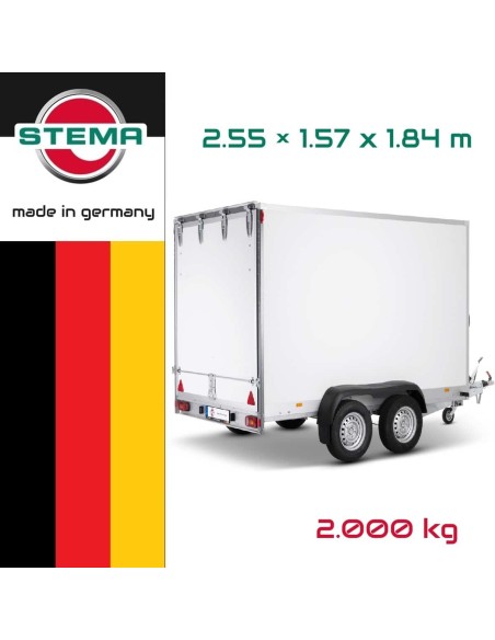 STEMA-Kofferanhaenger-P-Box-Tandem-2000-Plywood-Heckklappe-255×157x184cm