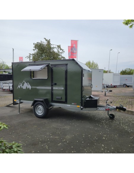 Mini-Campinganhaenger-3.05x1.65x1.60m-mit-grosser-Heckklappe-Tuer-2-Fenster-Deichselbox-Elektro-Paket-ALU-Auffahrschine-gebremst
