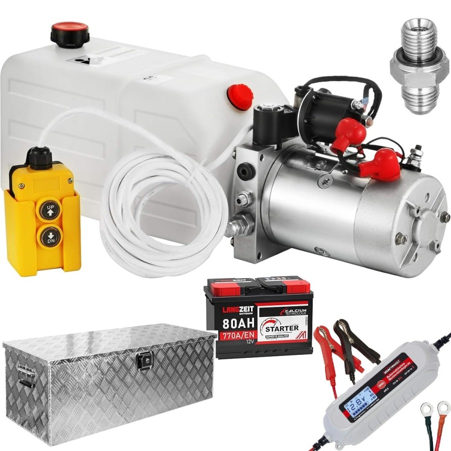 Elektrohydraulik-fuer-Kipper-inkl.-ALU-Kiste-12V-Batterie-Schnell-und-Erhaltungsladegeraet-und-Kabel-Fernbedienung-in-Einzellief