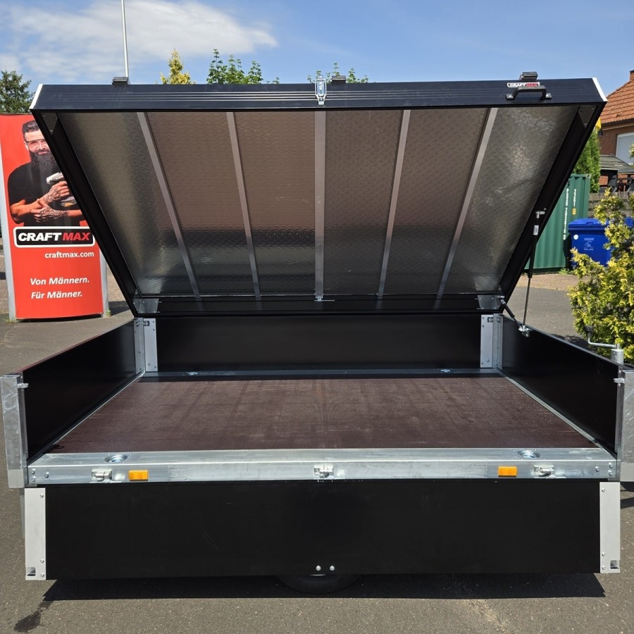 CLASSIC®-1350-blackEdition-ALU-Pritsche-Hochlader-2.30×1.50×0.45m-belastbarer-ALU-Deckel-mit-Fahrradtraeger-ALU-Felgen-100-kmh-1