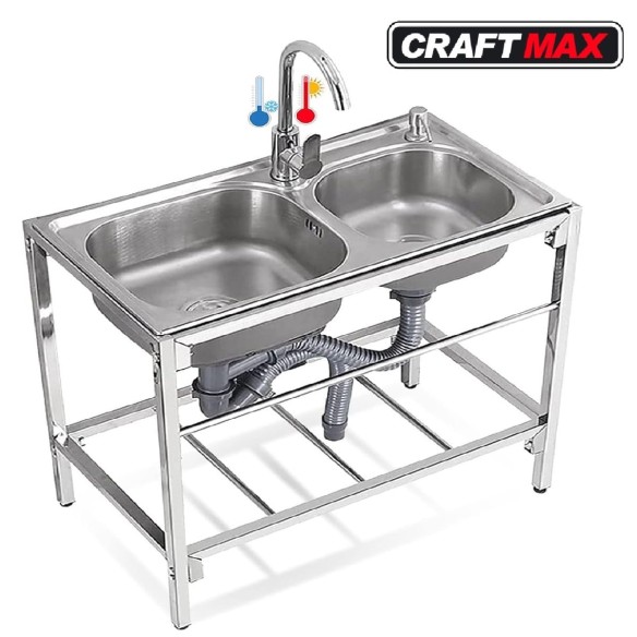 Edelstahl-Spueltisch-83x44x85cm-Doppelwaschbecken-Kalt-u.-Warmwasserhahn-fuer-Imbisswagen-Gastronomie-1
