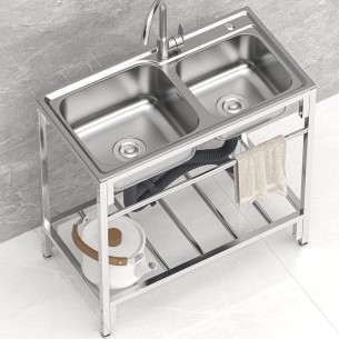 Edelstahl-Spueltisch-83x44x85cm-Doppelwaschbecken-Kalt-u.-Warmwasserhahn-fuer-Imbisswagen-Gastronomie-1 2